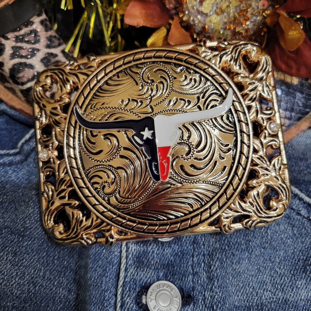 Longhorn Western belt Buckle Texas Style Rose Tone 4.5 x 3.5 " Cowboy Rodeo Buck
